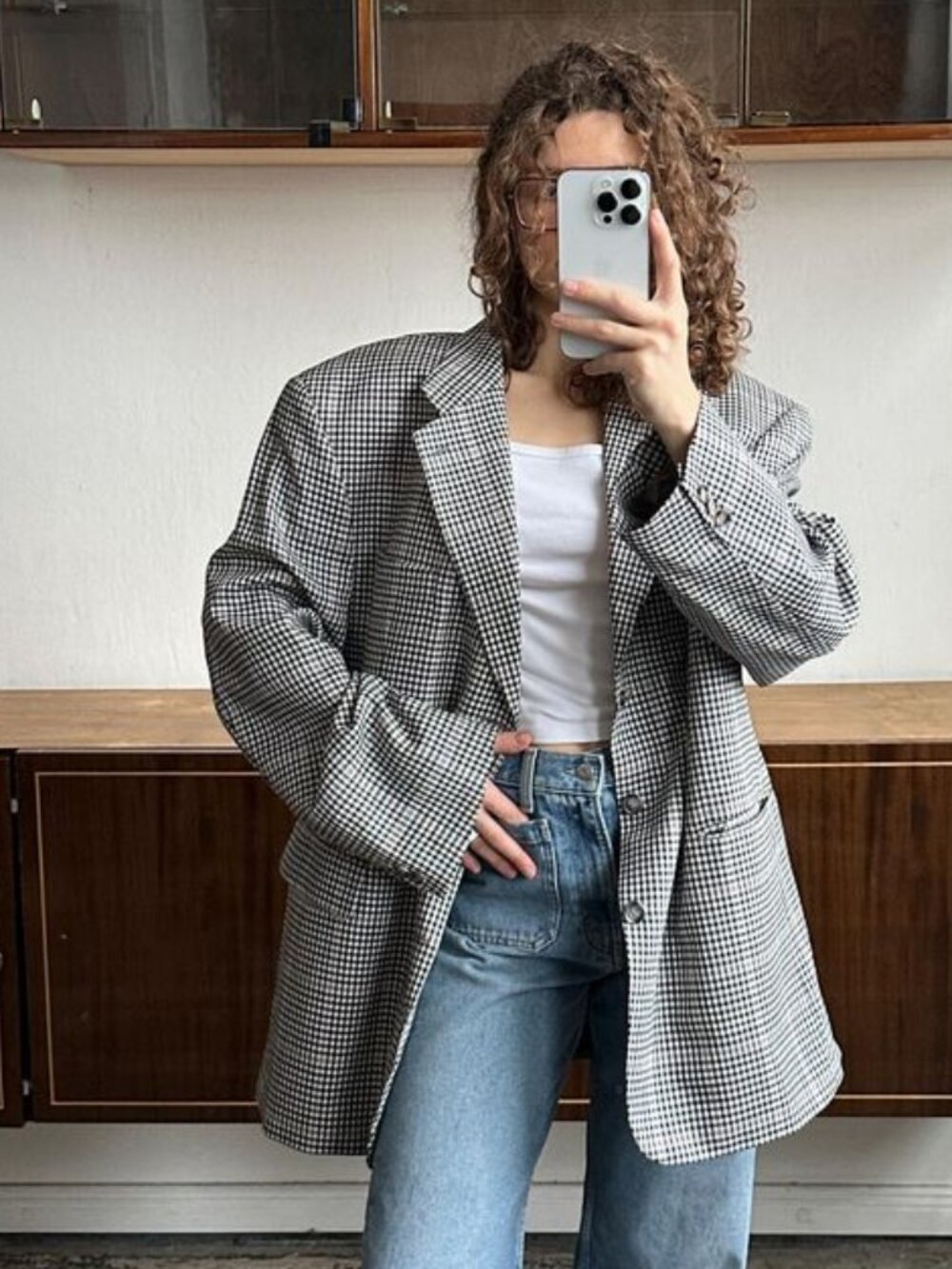 Vtg 90's Boyfriend Houndstooth Blazer Suit Jacket sz 42